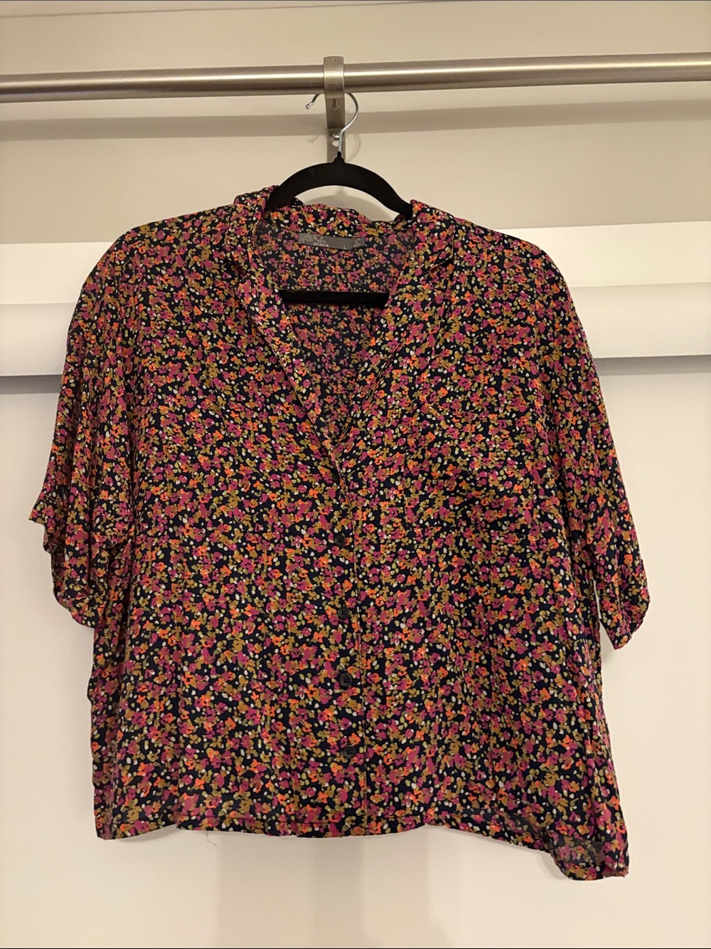 Prana Floral Button-Front Blouse - Black with Pink & Green